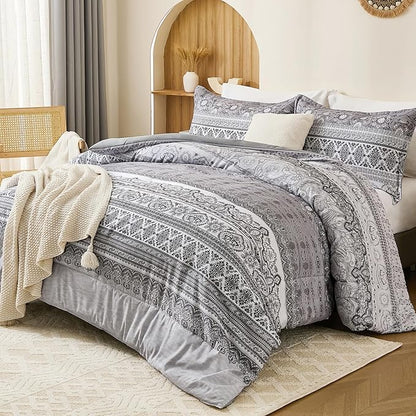 Goodidea Boho Comforter Set King Size 3 Piece Grey Bohemian Striped Comforter Soft Lightweight Microfiber Bedding Set with 2 Pillow Shams for All Season (King, 104"X90")