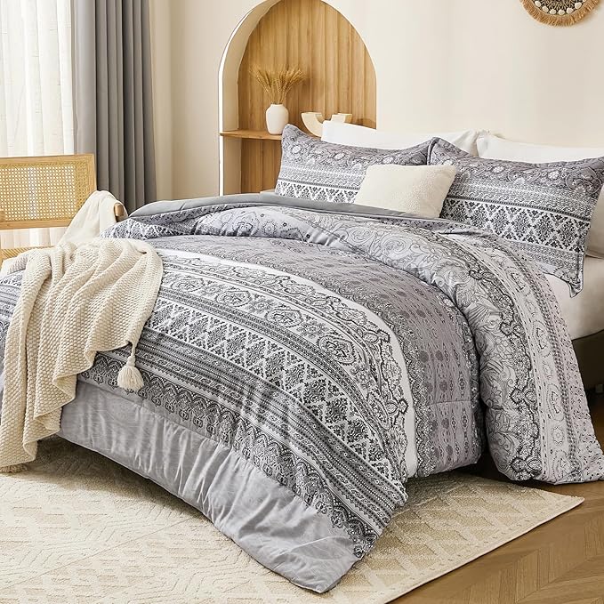 Goodidea Boho Comforter Set Queen Size 3 Piece Grey Bohemian Striped Comforter Soft Lightweight Microfiber Bedding Set with 2 Pillow Shams for All Season (Queen, 90"X90")