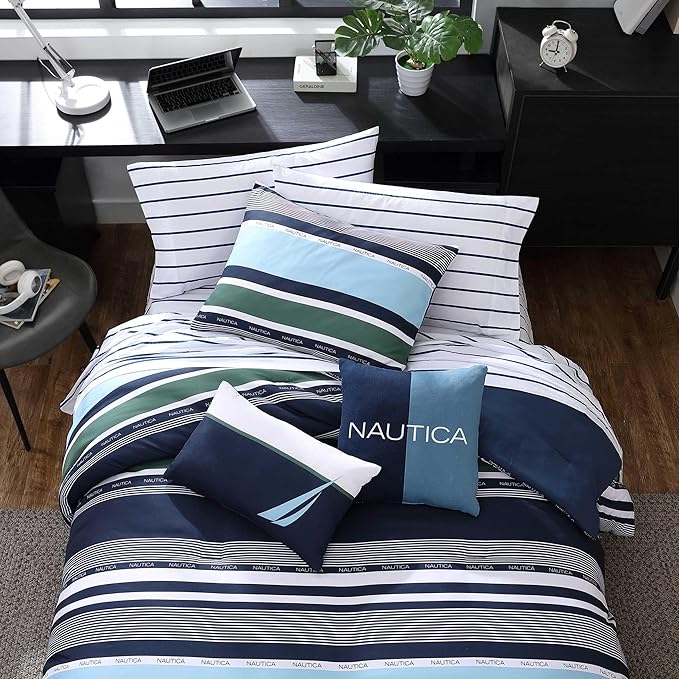 Nautica - King Comforter Set, Soft Woven Bedding with a Lightweight for Year Round Comfort, 5 Piece Bed Set with Matching Pillowcases & Bonus Throw Pillows (Elliot Blue)