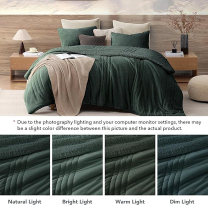 Monbix Fluffy Full Comforter Set Deep Forest, Sherpa Plush Fuzzy Comforter 3 Piece for Full Size Bed, Luxury Soft Winter Warm Bedding Set