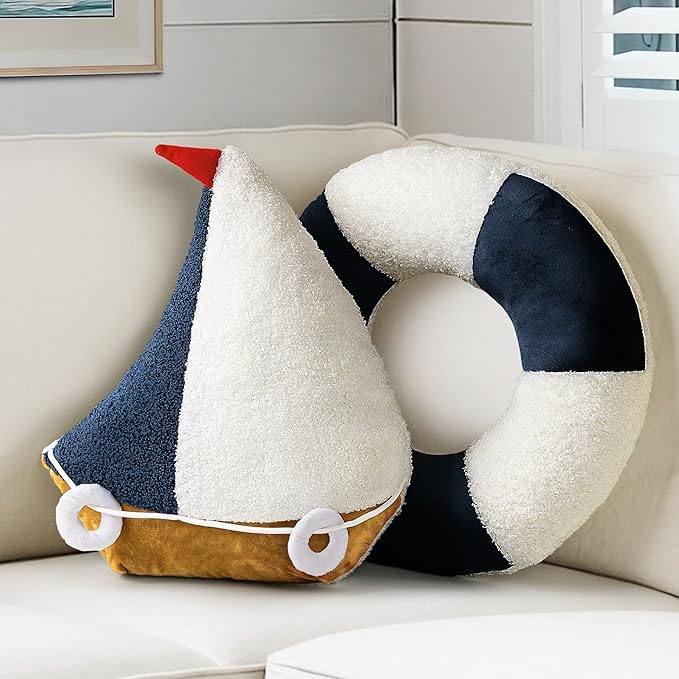 AELS Sailboat & Lifebuoy Nautical Throw Pillows Set of 2, Coastal Decor for Beach Enthusiasts Beach House, Ideal for Sofa Couch Living Room Bedroom and Nursery, Navy Blue and White