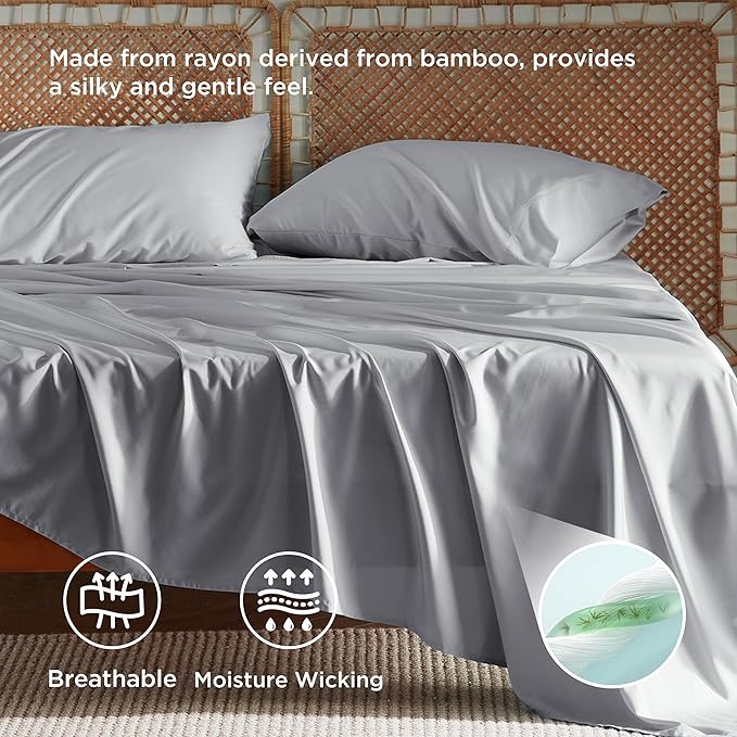 Bedsure King Size Sheet Set, Cooling Sheets, Rayon Derived from Bamboo, Deep Pocket Up to 16", Breathable & Soft, Bed Sheets, Hotel Luxury Silky Bedding for Hot Sleepers, Silver Grey