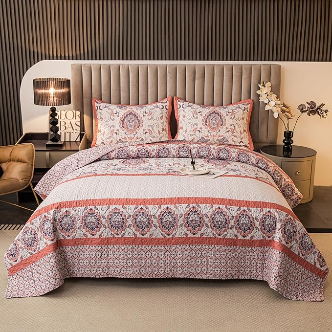 Bohemian Queen Size Quilt Comforter Sets 3 Pieces Quilts (1 Quilt, 2 Pillow Shams) Nordic Bedding Set Printed Coverlet with Pillowcase Lightweight Bedspread Set for All Seasons(Pink)