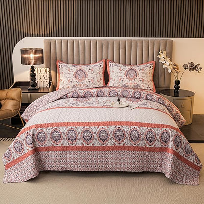 Bohemian Queen Size Quilt Comforter Sets 3 Pieces Quilts (1 Quilt, 2 Pillow Shams) Nordic Bedding Set Printed Coverlet with Pillowcase Lightweight Bedspread Set for All Seasons(Pink)
