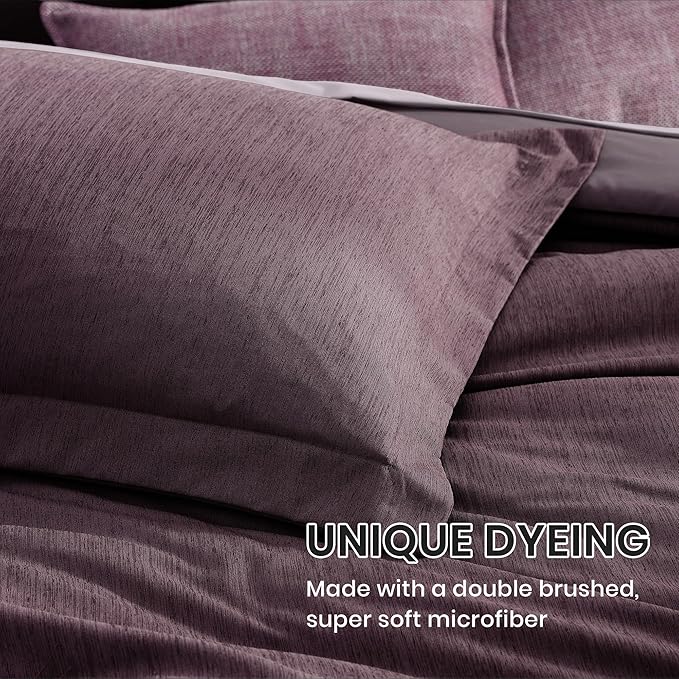 Monbix Queen Comforter Set - 7 Pieces Cationic Dyeing Italian Plum Bed in a Bag Queen Bedding Sets with Comforter, Sheets, Pillowcases & Shams, Reversible Bedding Comforters Sets
