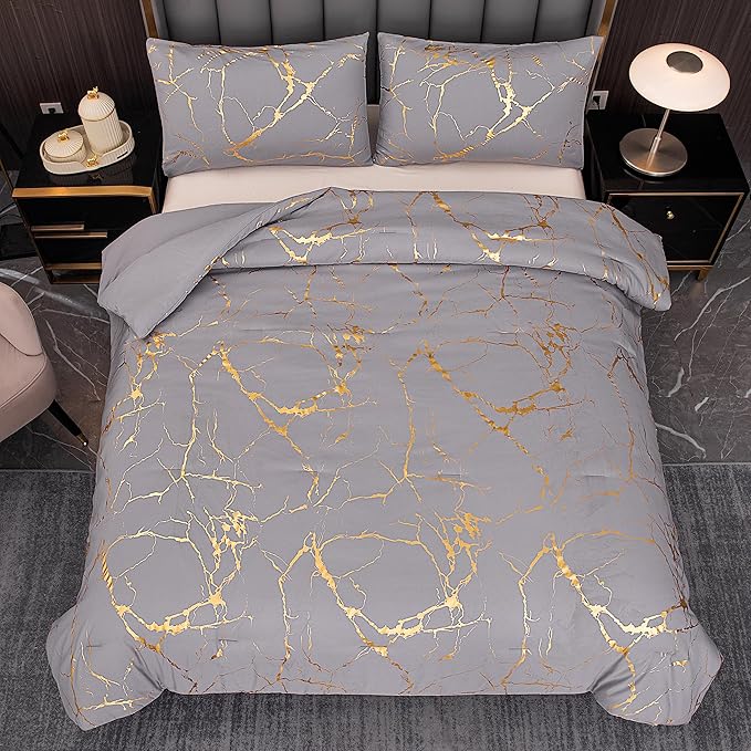 MWMWMW Gray Comforter, Grey and Gold Marble Bedding Set, 3 Pcs Luxury Comforter for Men & Women Bedroom, Queen Size with 2 Pillowcases