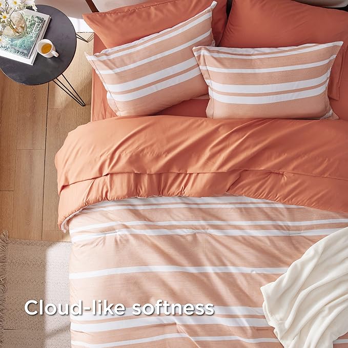 Bedsure King Comforter Set 7 Pieces, Burnt Orange Striped Bedding Set for All Seasons, Reversible, Cationic Dyeing Bed in a Bag with Comforter, Sheets, Pillowcases & Shams