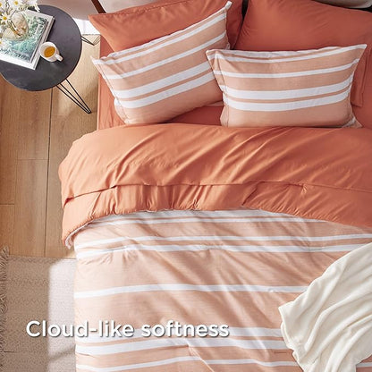 Bedsure Twin Comforter Set 5 Pieces, Burnt Orange Striped Bedding Set for All Seasons, Reversible, Cationic Dyeing Bed in a Bag with Comforter, Sheets, Pillowcase & Sham