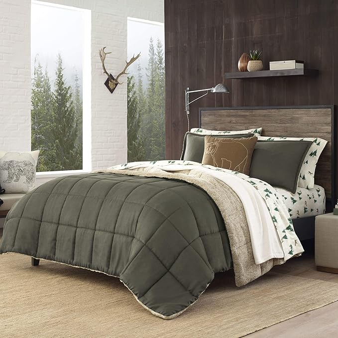 Eddie Bauer - Twin Comforter Set, Reversible Sherpa Bedding with Matching Shams, Cozy & Warm Home Decor, Oeko-Tex Certified (Sherwood Green, Twin)
