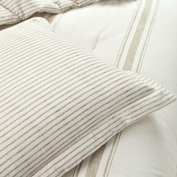 Lush Decor Farmhouse Stripe Reversible Cotton Comforter Set, 3 Piece Set, King, Neutral - Cozy Farmhouse Bedding Set - Rustic Decor - Striped Comforter - Modern Farmhouse Bedroom Decor