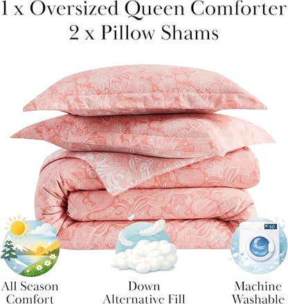 Southshore Fine Living, Inc. Full/Queen Size Comforter Set, Down Alternative Paisley Bedspread, Queen Coral Bedding Sets, Coral Comforter & Matching Shams, Reversible Print