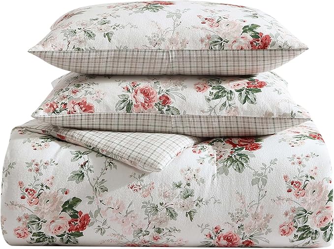 Laura Ashley - Queen Comforter Set, Reversible Brushed Cotton Flannel Bedding with Matching Shams, Luxuriously Soft & Warm Home Decor (Ashfield Red, Queen)