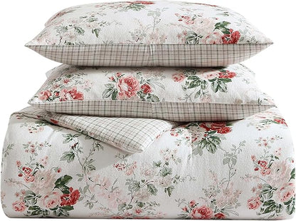 Laura Ashley - Twin Comforter Set, Reversible Brushed Cotton Flannel Bedding with Matching Sham, Luxuriously Soft & Warm Home Decor (Ashfield Red, Twin)
