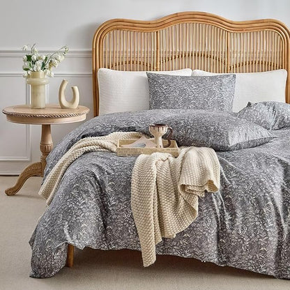 Queen Comforter Set 3 Pieces Grey Floral Botanical Patterned Rustic Cottagecore 90"X90" Bedding Set for All Season Prewashed Soft Breathable Warm 1 Comforter and 2 Pillowcases Bed Sets