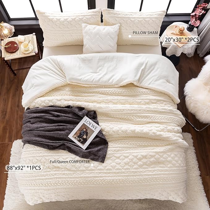COTTEBED Reversible Sherpa Fluffy Comforter Queen Set, Boho Tufted Full Size Bedding Down Comforter Bed Set, Ultra-Soft Lightweight Washed Cotton Shabby Plush Fleece Sherpa All Season, Off White Ivory