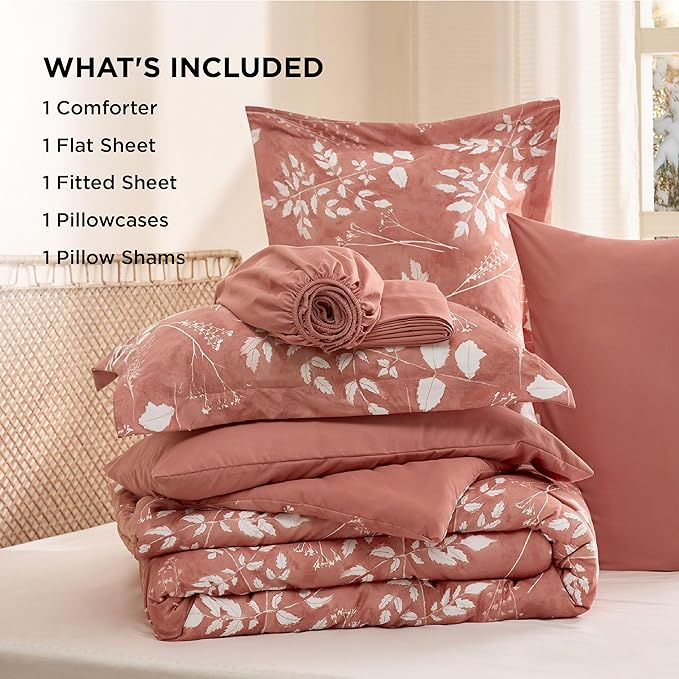 Bedsure Dusty Pink Twin Comforter Set - 5 Pieces Floral Bedding Sets, Twin Bed in a Bag with Reversible Botanical Flowers Comforter, Sheets, Pillowcase & Sham
