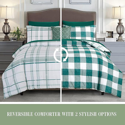 Elegant Comfort 8-Piece Lodge Plaid Reversible Comforter Set - All Season Bed in a Bag, 4-Piece Sheet Set Featuring Smart Pockets, Matching Shams and Decorative Pillow, King/California King, Sage