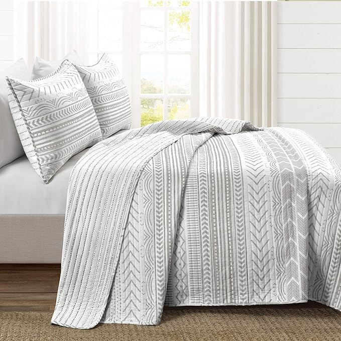 Lush Decor Hygge Geo Pattern Striped 3 Piece Quilt Bedding Set, King, Gray & White