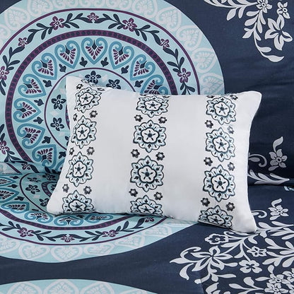 Intelligent Design Complete Bed In A Bag Casual Boho Comforter with Sheet Set Decorative Pillow, All Season Bedding Set, Twin XL, Loretta Navy 7 Piece