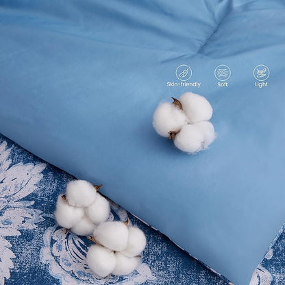 Sophia & William Blue and White Floral Queen Size Comforter Set, 3 Pcs Cotton Comforter Set with Flower Pattern Printed Comforter & 2 Pillowcases, All Season Lightweight Bedding Set