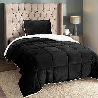 Utopia Bedding Micromink Sherpa Fleece Twin Comforter Set with 1 Pillow Sham, Plush and Warm Bedding Comforter Sets, Down Alternative Comforter, Ultra Soft and Cozy Comforter Set (Twin, Black)