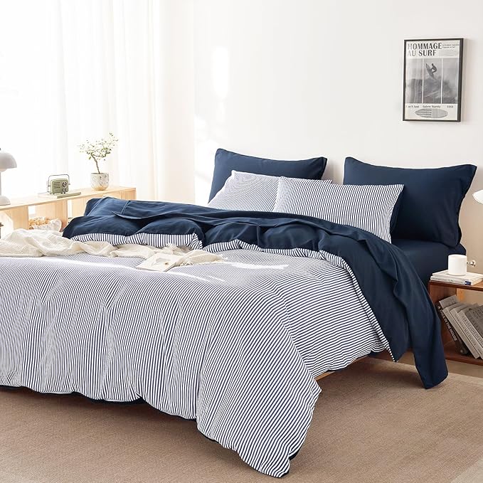 Wake In Cloud - Striped Comforter Set with Sheets, Ticking Stripe Vertical Pinstripe Neutral Farmhouse Pattern Printed, 5 Pieces Bed in a Bag, Navy Blue White, Twin Size