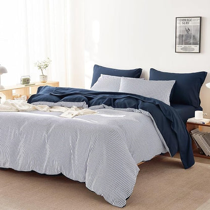 Wake In Cloud - Striped Comforter Set with Sheets, Ticking Stripe Vertical Pinstripe Neutral Farmhouse Pattern Printed, 7 Pieces Bed in a Bag, Navy Blue White, Full Size