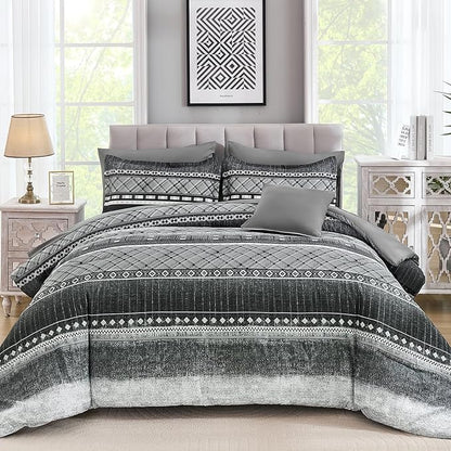 WONGS BEDDING 8 Piece Queen Size Comforter Set, Black Grey Striped Bed in a Bag Comforter and Sheet Set, Boho Lightweight Microfiber Bedding Set for All Season (90"×90")