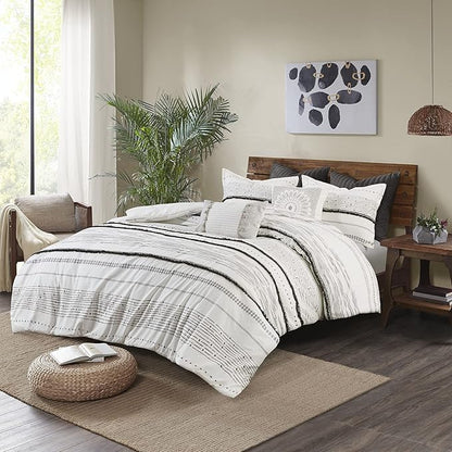 INK+IVY Luxurious Cotton-Bedding Set - Mid Century Trendy Geometric Design, All Season Cozy-Cover With Matching-Shams, Full/Queen, Nea Trims Black/Multi