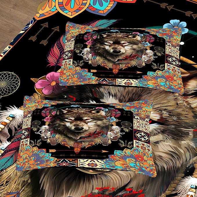Tailor Shop Wolf Bedding Set for Boys Kids Bohemian Comforter Sets Queen Size Wildlife Hunting Wolf Bed Set with 2 Pillowcases…