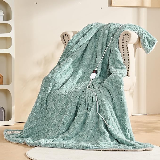Electric Blanket, Heated Blanket with 6 Heat Levels & 10 Hours Auto Off, Soft Checked Flannel Fast Heating Blanket with ETL & FCC Certification (Green, 62"X84")