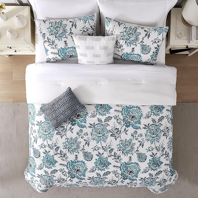 Modern Threads 5-Piece Printed Comforter Set, Athenas King in White and Teal – Soft Comforter, 2 Pillow Shams, and 2 Decorative Pillows