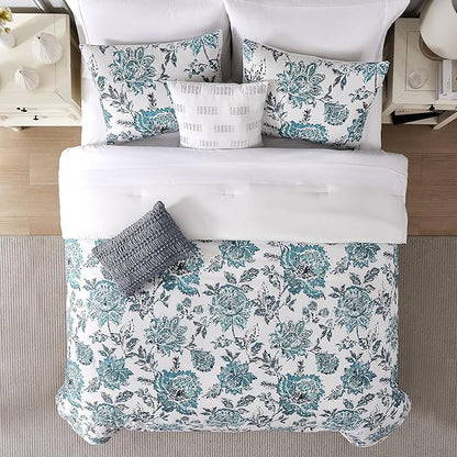 Modern Threads 5-Piece Printed Comforter Set, Athenas Queen in White and Teal – Soft Comforter, 2 Pillow Shams, and 2 Decorative Pillows