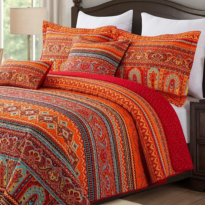 BEDIFANY Cotton Quilts Queen Size Set - Lightweight Bedspreads Queen Size - Soft Colorful Orange Quilted Quilt Bedding Sets (90 * 98 Inch) with 2 Pillow Shams for Bed Decoration Coverlet, 3 Pieces