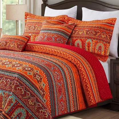 BEDIFANY Cotton Quilts Queen Size Set - Lightweight Bedspreads Queen Size - Soft Colorful Orange Quilted Quilt Bedding Sets (90 * 98 Inch) with 2 Pillow Shams for Bed Decoration Coverlet, 3 Pieces