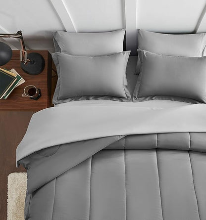 Maple&Stone Twin Comforter Set 5 Pieces Bed in a Bag - Down Alternative Bed Set with Sheets, Pillowcase & Sham, Soft Reversible Duvet Insert for Twin Bed, Dark Grey & Light Grey