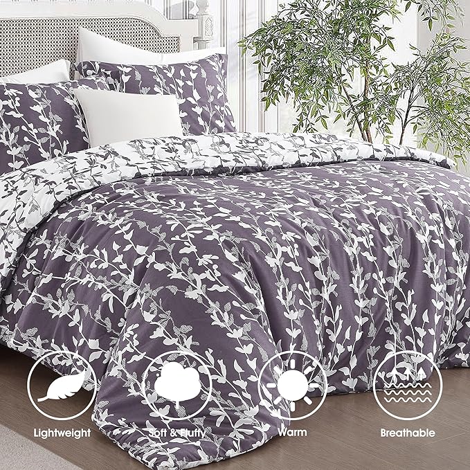 Grayish Purple Comforter Set, Queen Size, Vivid Leaves Branch 3 Pieces Bedding Set, Soft Polyester Microfiber Print, All Seasons, 1 Lightweight Comforter and 2 Pillow Shams