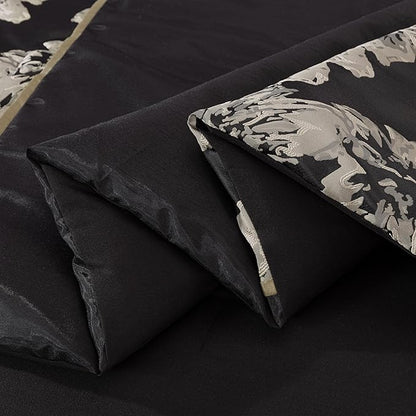 Chezmoi Collection Cameron Comforter Set California King Size, 7-Piece Black Gold Hibiscus Floral Jacquard Bedding Set