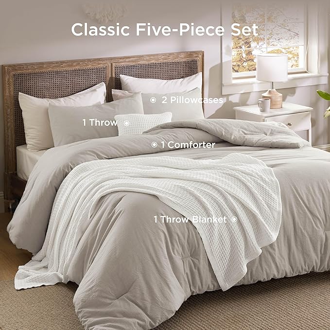 Bedsure 5 Pieces Cotton Comforter Set with Waffle Throw Blanket - Soft Breathable Bedding Set for All Seasons, Beige Comforter King Size, Pillow Shams, White 100% Cotton Blanket, Throw Pillow
