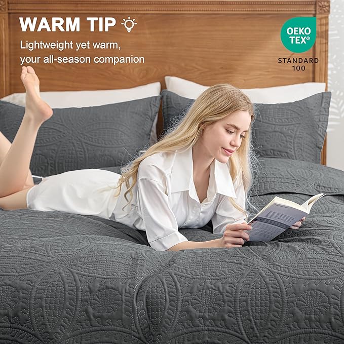 Love's cabin California King Size Quilt Bedding Set Dark Grey Bedspreads - Cal King Lightweight Bedspread Comforter - Coin Pattern Coverlet for All Season - 3 Pieces (1 Quilt, 2 Pillow Shams)