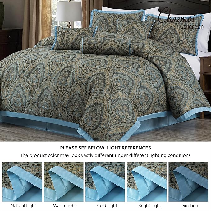 Chezmoi Collection Pierre Comforter Set Queen Size, 7-Piece Blue Gold Medallion Paisley Jacquard Bedding Set