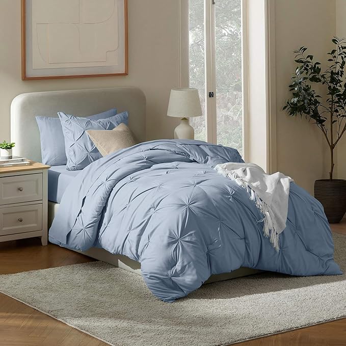 Nestl Twin Comforter Set 5 Piece, Pintuck Twin Bedding Set Stone Blue, College Dorm Room Essentials for Girls and Boys Bed in a Bag Twin All Season, Twin Comforter Set with Sheets, Pillowcase and Sham