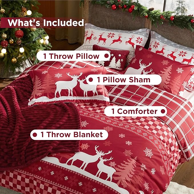 Bedsure Christmas Twin Comforter Set - 4 Pieces Christmas Twin Bedding Set, Bed in a Bag with 1 Soft Snowflake and Elk Reversible Comforter, 1 Pillow Sham, 1 Throw Blanket and 1 Decorative