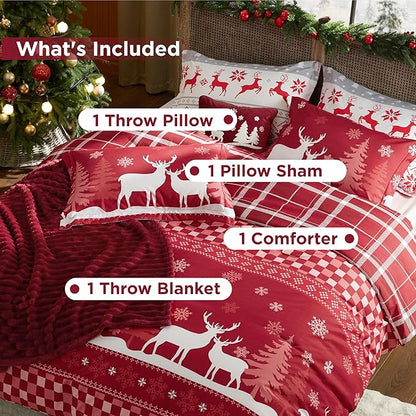 Bedsure Christmas Twin Comforter Set - 4 Pieces Christmas Twin Bedding Set, Bed in a Bag with 1 Soft Snowflake and Elk Reversible Comforter, 1 Pillow Sham, 1 Throw Blanket and 1 Decorative