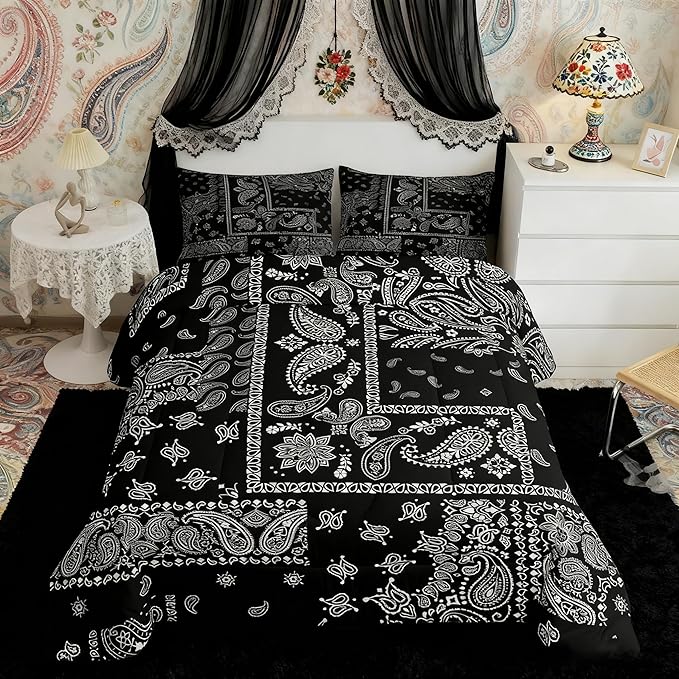 Manfei Paisley Comforter Set Full Size, Boho Style Jacquard Paisley Flower Bedding Set 3pcs, Black and White Floral Print Down Comforter, Kids Teens Women Room Decor, 2 Pillowcases, No Sheets