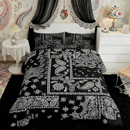 Manfei Paisley Comforter Set Full Size, Boho Style Jacquard Paisley Flower Bedding Set 3pcs, Black and White Floral Print Down Comforter, Kids Teens Women Room Decor, 2 Pillowcases, No Sheets