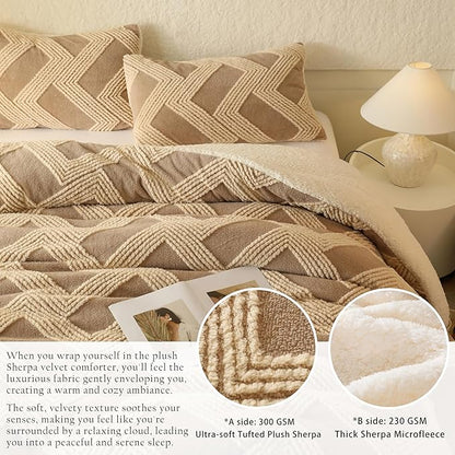 Tufted Boho Comforter Set King - Beige Fluffy Sherpa Bedding Set, Soft Fuzzy Jacquard Quilt Set, 3 Pieces Cozy Bed Set Warm Comforter for Winter(104"X90")