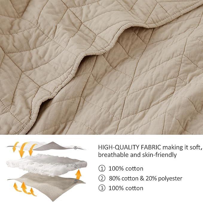 palassio Dark Beige Cotton Quilt Twin Size Bedding Sets with Pillow Sham, Lightweight Soft Bedspread Coverlet, Quilted Comforter Bed Cover for All Season, 2 Pieces, 68x86 inches