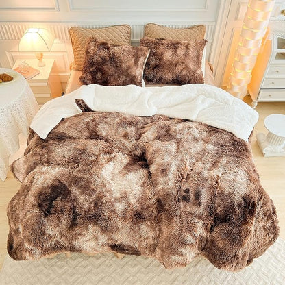 Luxury Faux Fur Shaggy Comforter Set Full/Queen Size, Plush & Sherpa Reversible Comforter Tie Dye Coffee, 3 Pieces Fluffy Fuzzy Bedding Set Ultra Soft and Warm for Winter (1 Comforter + 2 Pillowcases)