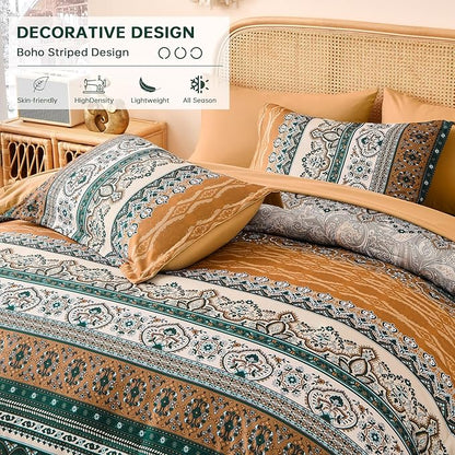 Cottolester Boho Comforter Set King Size,8 Pieces Brown and Green Bohemian Striped Bed in a Bag,Paisley Soft Microfiber Bedding Comforter Set